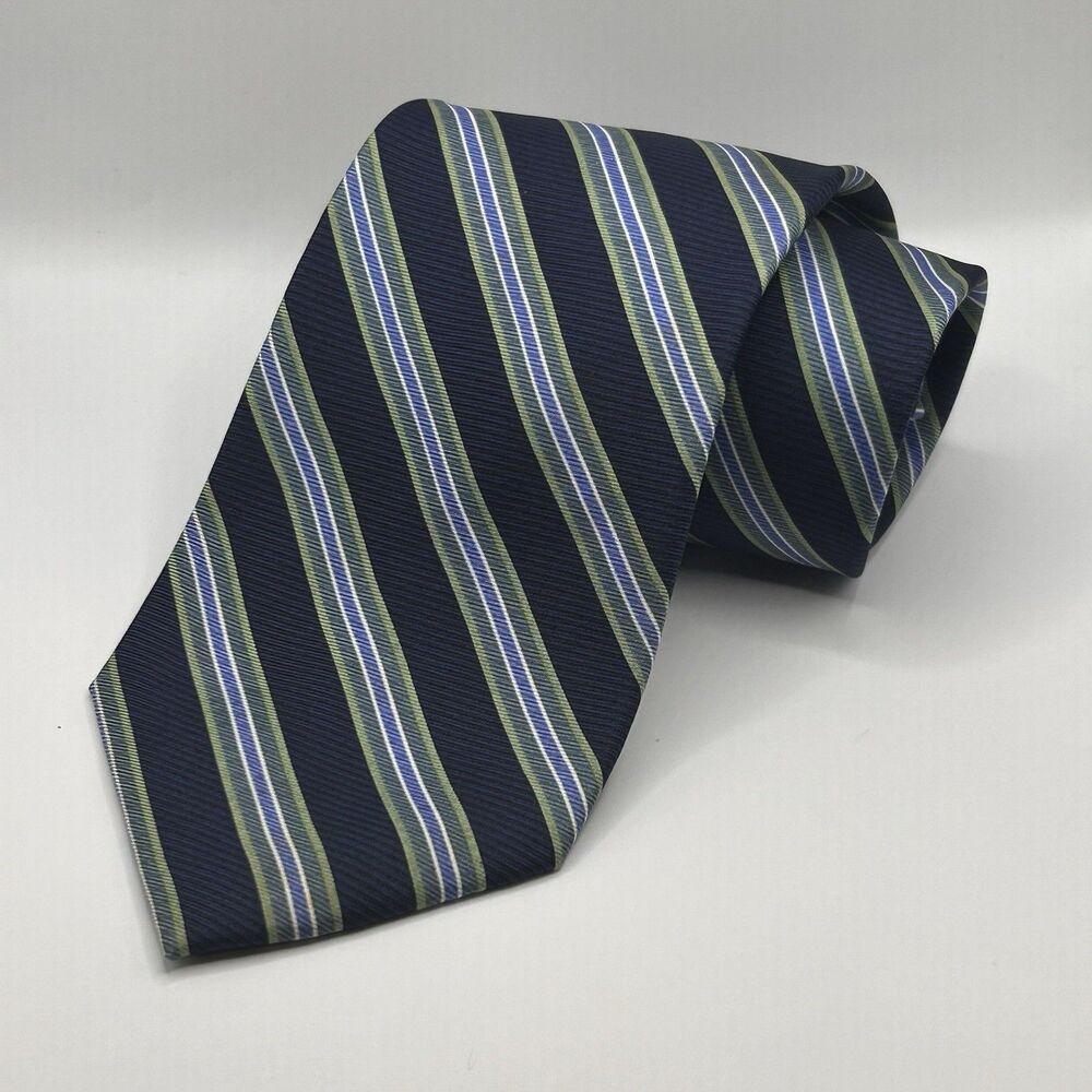 Chaps 100% Silk Men's Neck Tie Hand Made Navy, Green White Stripes 58X3.5